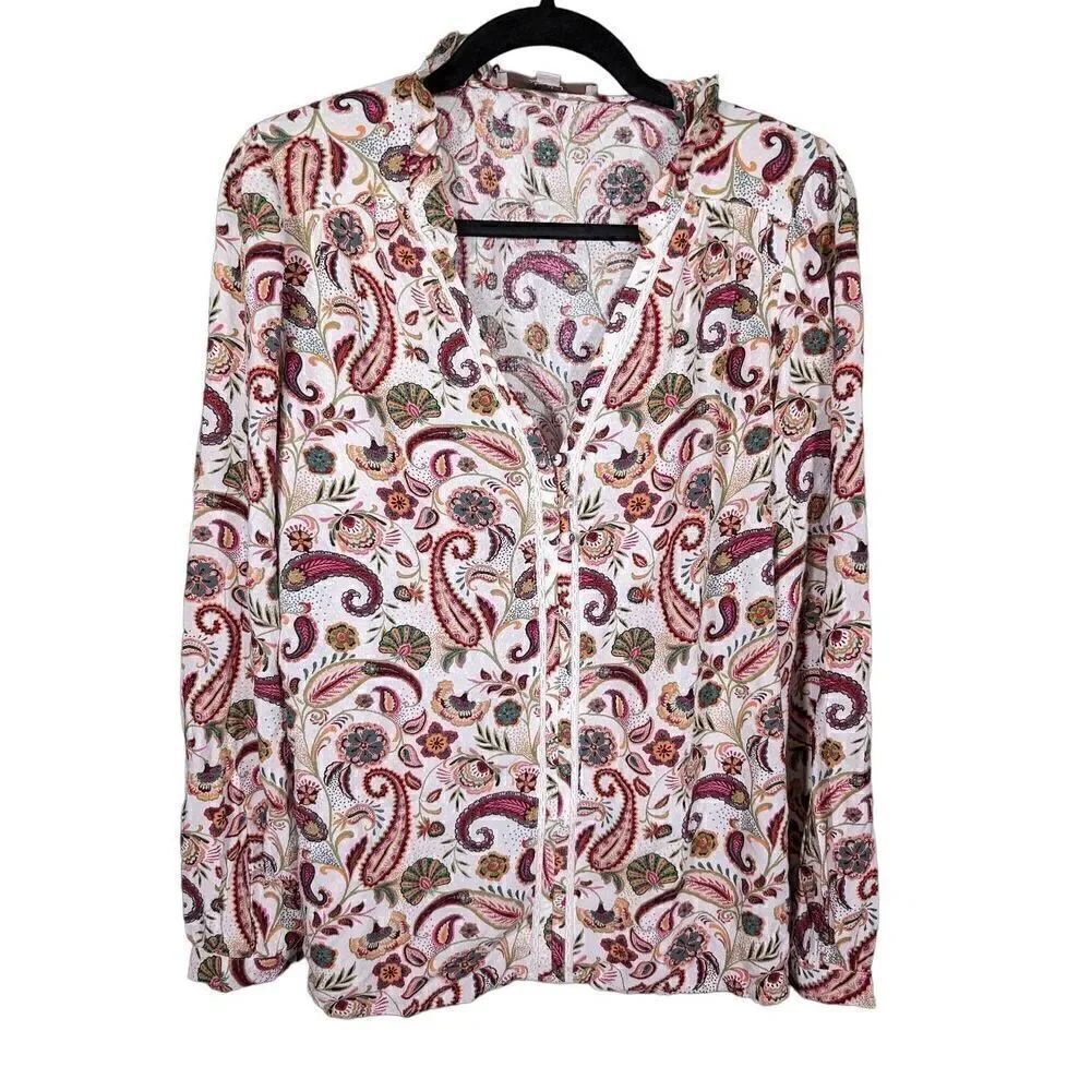 Loft Dobby Paisley V Neck Button Front Long Sleeved Blouse Women's Medium